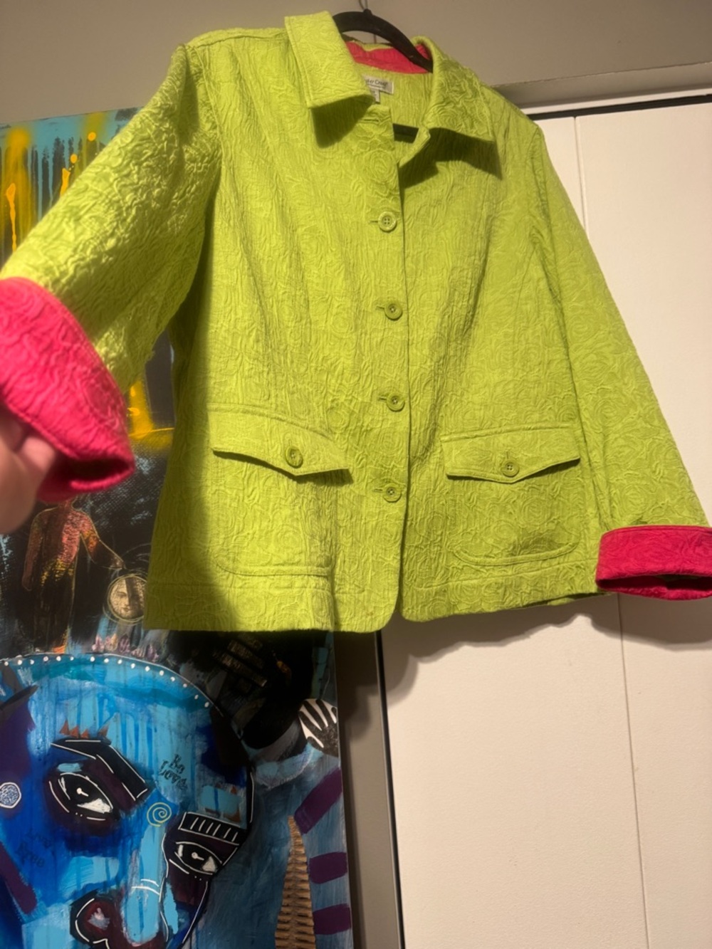 Coldwater Creek 18W Lime Green Jacquard Spring Jacket Pink Trim Preppy - Picture 1 of 9